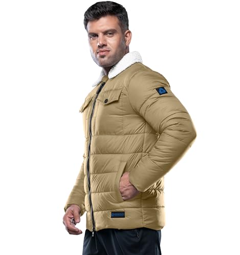 Image of URBAN BUCK Mens Puffer Jacket Midweight Sherpa Lined Windproof and Water Repellent Winter Recycled Down Bryce Beige Hiking Men Coat (S)