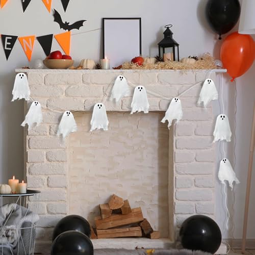 Halloween Deko Fenster Hängende Geister - 10 Stück Weißer Niedliche Fliegende Geist, 3M Mini Horror Türvorhang, Halloween Deko Innen Outdoor Gespenster für Kinder Party Garten Wand Terrasse Hof