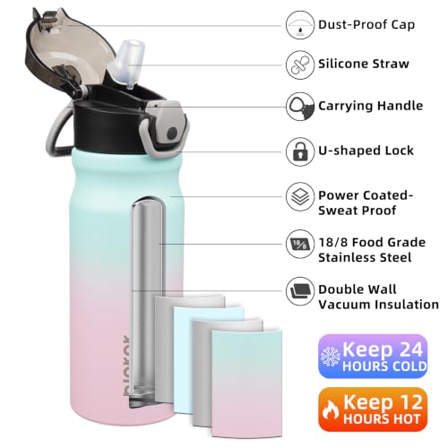 Image of BJPKPK 18 oz Water Bottle with Straw & Handle, Insulated Stainless Flask | Leak Proof Locking Lid, Thermal, Double Wall Vacuum, Keeps Hot /Cold, BPA Free, Dishwasher Safe, Travel & Sports, Bubble Gum