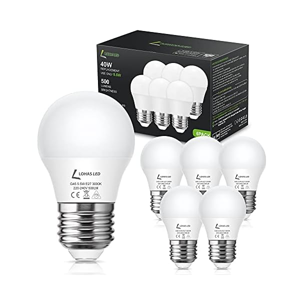 LOHAS E27 LED Lampe, 5.5W G45 LED Leuchtmittel, Ersatz für 40W Glühbirne, 3000K Warmweiß, 500LM, Nicht Dimmbar, 220-240V…