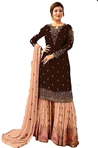 Image of SHAFNUFAB Women's Georgette Semi Stitched Anarkali Salwar Suit (wedding dress and salwar suit SF201176 Brown Free Size)