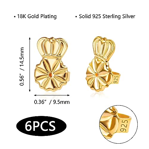 3 Pairs Earring Backs for Droopy Ears 925 Sterling Silver Earring Lifters Backs for Studs 18K Gold Adjustable Hypoallergenic Back for Heavy Earing