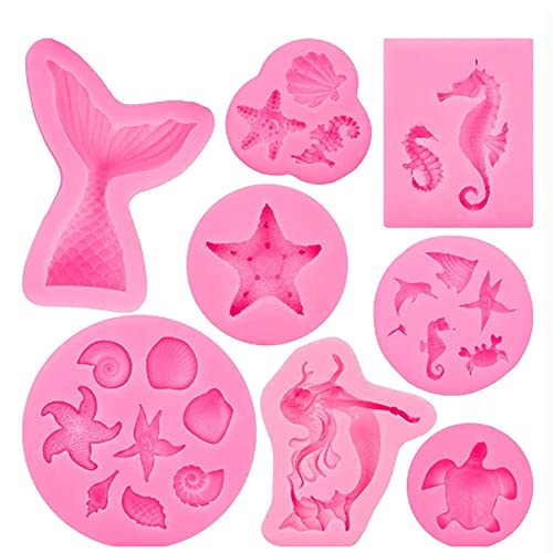 Ozean Meerestiere Silikonform Fondant, 8 Stück DIY Silikon Fondant Kuchen Formen Meerjungfrau Schwanz Seestern Seepferdchen Muschel Animal Schokoladenformen Tortendeko für Kuchen, Ice Jelly Cover
