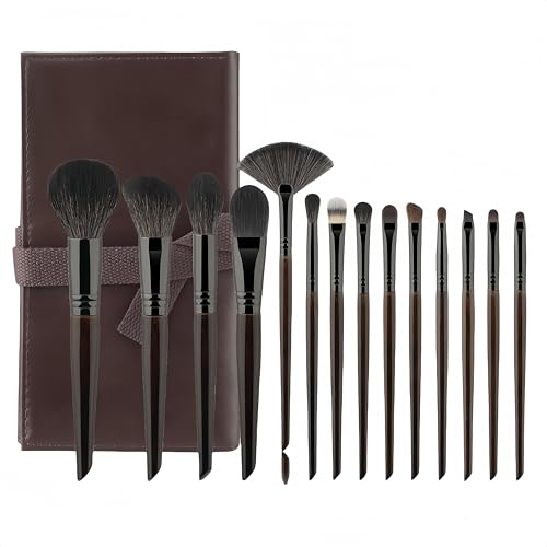 Pinceau de maquillage en poils naturels pour fard à paupières, fond de teint, 14 pinceaux de maquillage couleur bois avec sac, outils de maquillage haut de gamme