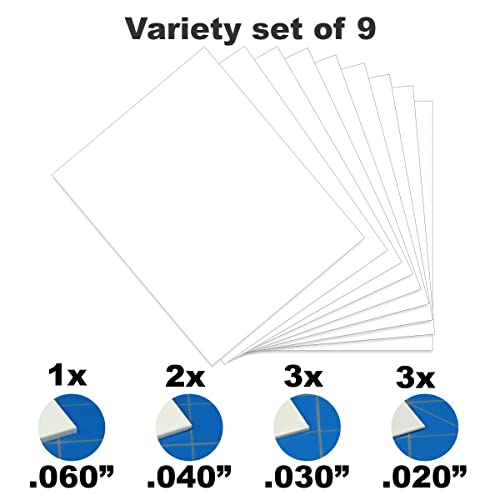 Image of LITKO Plasticard Styrene Sheets | Variety Thickness Pack | White | 8x10 | Nine 8x10-inch polystyrene sheets - 3x .020, 3x .030, 2x .040, 1x .060 in | For scratch building & terrain