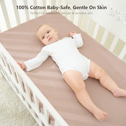 Image of Bearmoss Muslin Mini Crib Sheets for Pack N Play Mattress - 100% Cotton - 38 inchx26 inch Soft Breathable Playard Baby Crib Sheets Neutral for Boys Girls - 2 Pack (Pink Star)