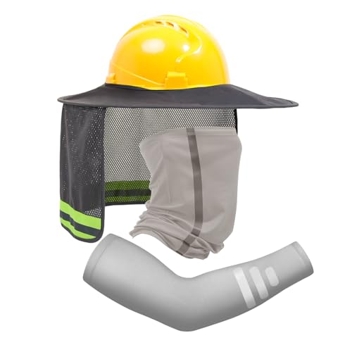 TCCFCCT Hard Hat Sun Shade, Full Brim High Visibility Hard Hat Sun Visor Neck Shield and Bandana Face Scarf with Construction Arm Sleeves, Hard Hat Accessories, Hard Hat Not Included, 3 Packs, Grey