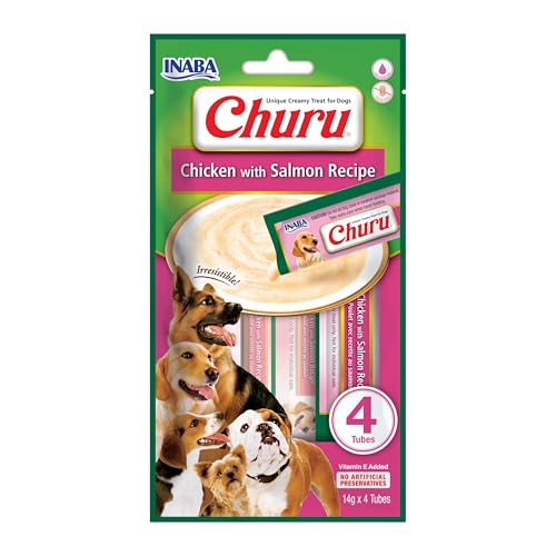 INABA Churu Hundeleckerli Keine Nebenerzeugnisse Creamy Snack, Getreidefrei, Zuckerfrei, Kalorienarm, 100% natürliches Fleisch mit Huhn & Lachs 56 g (1er Pack)