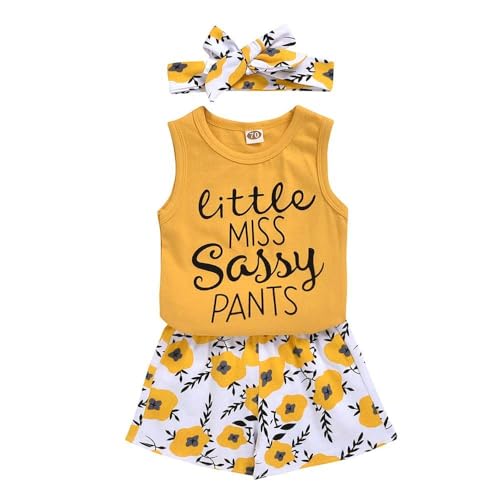 Image of Hipea Toddler Girl Outfits Floral Tops Sleeveless Tank Tops Shorts Headband Summer Clothes Set