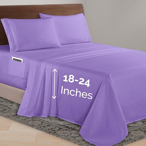 Elegant Comfort Luxurious 1500 Premium Hotel Quality Microfiber 4-Piece Sheet Set, 18-24 Inches Deep - Extra Deep Pocket Sheets - Ultra Soft 4PC Deep Pocket Sheets, King, Lavender