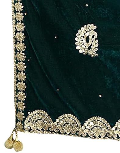 Embroidered Green Velvet Dupatta with Sequins for Women, One Size Bottle Green Dupatta,Stole,Chunni With Golden Tassels3