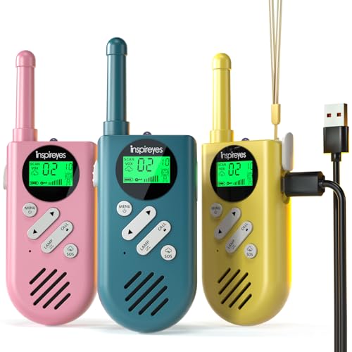 Inspireyes Walkie Talkie Niños Recargable, 48 Horas de Tiempo de Trabajo, 3 kilómetros de Largo Alcance, Regalos de Cumpleaños, Juguetes al Aire Libre para niños de 3 a 12 años, Paquete de 3