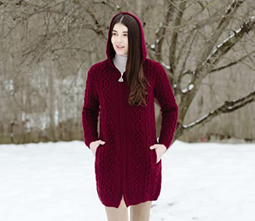 Image of SAOL 100% Merino Wool Aran Irish Cardigan for Women with Pockets, Hood and Celtic Zipper