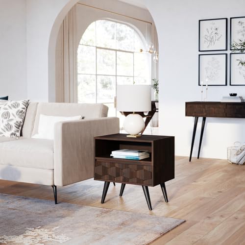 Image of Bme Georgina Solid Wood Nightstand With 1 Drawer & Open Shelf- Fully Assembled Mid Century Modern Side Table - Geometric Pattern Bedside Dresser for Bedroom and Living Room