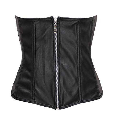 BSLINGERIE Womens Faux Leather Zipper Front Bustier Corset Top (XL, Black Underbust)