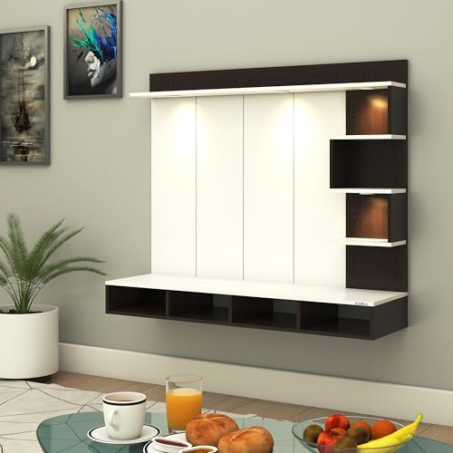Image of Anikaa Kasey Engineered Wood Wall-Mount TV Unit with PVC Back Panel & LED Lights | TV Cabinet with Storage Box & Decorative Shelves (Wenge /White) Ideal for TVs up to 55 Inch | DIY Installation