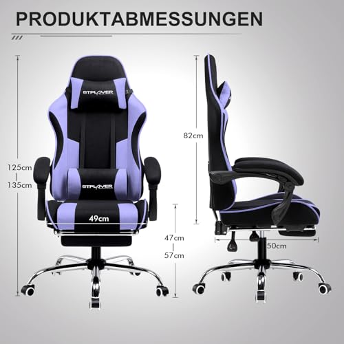 Image of GTPLAYER Fabric Gaming Chair, Office Chair, Massage Gaming Chair, Ergonomic Gamer Chair with Footrest, Headrest, Massage Lumbar Cushion, Padded Gaming Chair, Swivel Chair, Purple