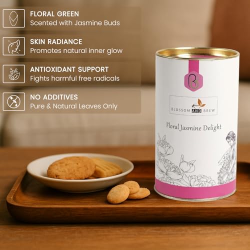 Image of Blossom & Brew Floral Jasmine Delight Darjeeling Green Tea with Pure Jasmine Buds(2.46oz) - Aromatic Whole Leaf Blend from India - Floral Flavor, Low Caffeine, Perfect for Hot or Iced Brew