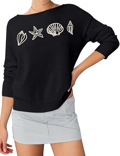 MISSACTIVER Women’s Seashells Graphic Sweater Long Sleeve Boat Neck Knit Pullover Shirt Trendy Starfish Top Fall Outfit