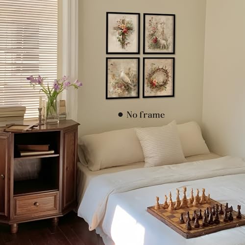 Image of WEFKODO Vintage Floral Christian Jesus Decor Wall Art, Retro Christian Pictures Wall Decor for Home Bathroom Reading Room Church Bedroom, Cross Sheep Jesus Posters Prints 4Pcs, 8x10 Unframed