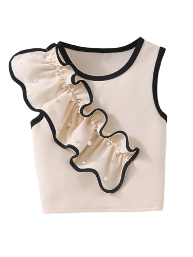 Image of OYOANGLE Girl's Pearl Beaded Asymmetrical Tank Top Ruffle Trim Sleeveless Crop Tops