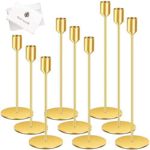 TOSUTO - Candelabro dorado, juego de 9 veladores, candelabro de boda, varios tamaños, metal retro, portavelas cónicas para bodas, Navidad, cenas y banquetes