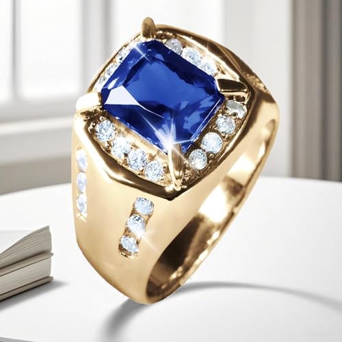 Men‘s Square Blue Sapphire Ring Yellow Gold Plated Sterling Silver Genuine Sapphire Ring with Diamond Handmade Vintage Jewelry Eternity Engagement Promise Gift for Husband2
