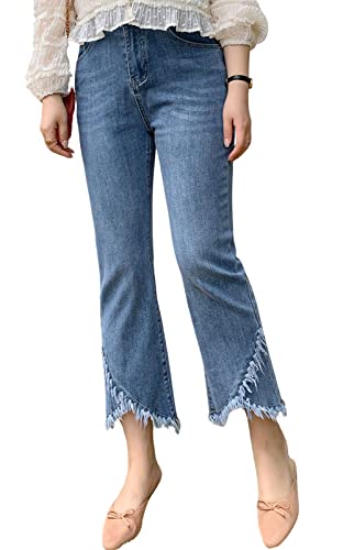 CHARTOU Women Cute Stretch Denim Jeans Ripped Distressed Frayed Hem Denim Pants Tassel Fringe Cropped Jeans