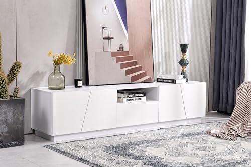 Credenza Moderna Con LED, 160x40x77 Cm, 2 Ante, 4 Cassetti, Ripiano In Vetro Aspetto Legno Bianco Mobile Versatile 82833806