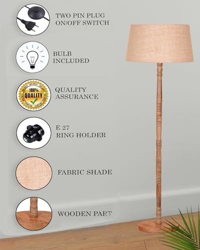 Image of Homesake Mid Century Modern Floor Lamp for Living Room | Hand Turned | Corner Lamp for Living Room, Stand Lamp with Fabric Lampshade for Bedroom, Study Room and Office, (Off-White)