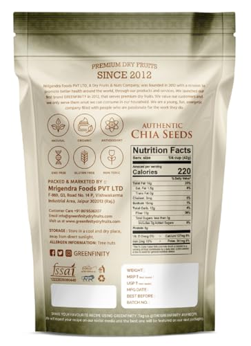 Image of GreenFinity Raw Chia Seeds | Rich in Omega 3, Fiber, and Antioxidant | Healthy Seeds for Weight Management, Immunity Booster, Healthy Hair and Skin, Salads, Snacks, Smoothies, and Baking (500g)