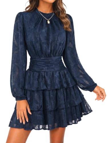 Image of Wenrine Womens Long Sleeve Lace Mini Dress Wedding Guest Dresses | Cut Out, High Waist, Ruffle Design, Tiered Smocked, Mesh, Layer, Button Back, Night Out, Fall Winter