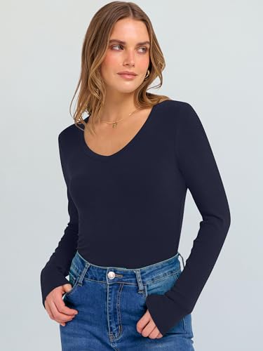 Image of ANRABESS Long Sleeve V Neck Shirts for Women | Soft Comfy Ribbed Knit Fitted Tshirts, Casual Going Out Tops, 2026 Trendy Basic, Fall Winter Underscrub Layering Clothes
