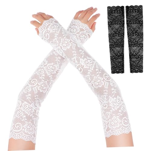 Cabilock 2 Pairs Women's Lace Gloves Long Elbow Length Sleeves Floral Pattern Arm Covers for Wedding Tea Party Bridal Elegant Arm Warmer