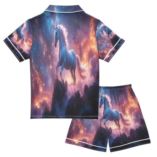 ALAZA Magical Unicorn Cloud Galaxy Space Satin Pajamas Set Short Sleeve Button Down Sleepwear Summer Pjs 2 Piece2
