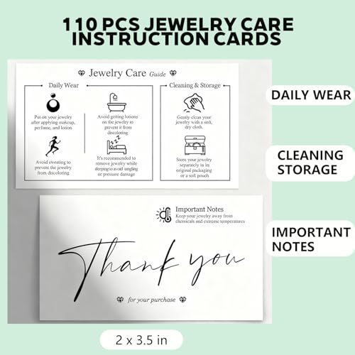 110 PCS Jewelry Care Instruction Cards with Storage Box (2x3.5 Inch) - Professional for Jewelry Businesses, Guides Daily Wear, Cleaning & Storage - Thumbnail 2