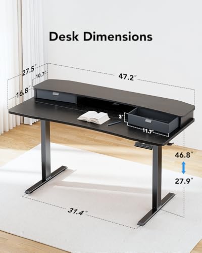 Image of HUANUO 48″ x 28″ Electric Standing Desk with 2 Drawers, C-Clamp Mount Compatible, Height Adjustable Computer Desk, Home Office Stand Up Desk with 4 Preset Heights & 2 Hooks, Black