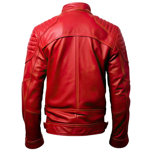 Men’s Red Genuine Sheepskin Quilted Shoulders Classy Biker Motorcycle Retro Zip-Up Stand Collar Café Racer Leather Jacket2