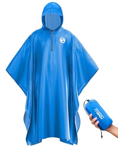 Image of Foxelli Rain Poncho for Adults - Extra Long Reusable Waterproof Raincoat with Hood, Lightweight for Hiking, Camping, Outdoors