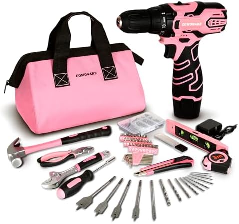 COMOWARE 12V Pink Cordless Drill Home Tool Kit, Pink Drill Set for Women, Lady's Home Repairing Tool Kit Hand Tool Set for DIY Large-Capacity Tool Storage Bag Included