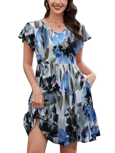 HAPYWER Sommerkleider Damen Leicht und Luftig V-Ausschnitt Midi Kleid mit Rüschen Ärmel Kurzarm Blumen Kleid mit Tasche
