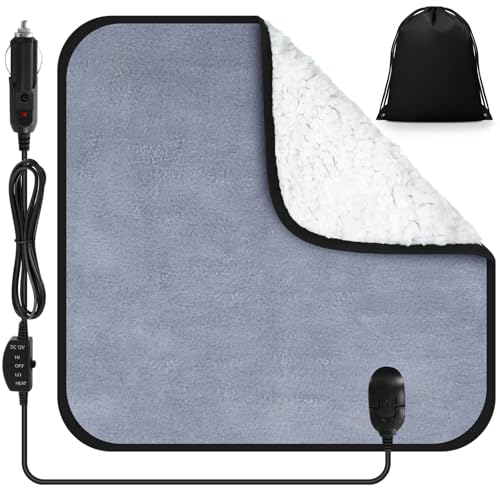 Tuanse 16 x 16 Inches Car Electric Blanket 12 Volt Heated Car Blanket with Temperature Controller and Black Storage Bag Cold Weather Tailgating and Emergency Kit(Gray, White Cotton,Blank)