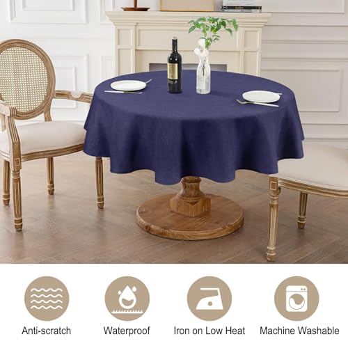 Image of AUSSPVOCT Textured Round Tablecloth 60 Inch for Birthday Party Home Decor | Navy Blue Waterproof Spill-Proof Wipeable Table Cloth Wrinkle Free Circle Dining Tables Cover