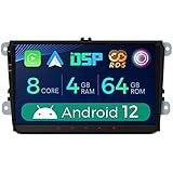 XTRONS 9 Zoll Android 12 Autoradio Multimedia Player Octa Core 4GB 64GB Eingebauter DSP/Wireless CarAutoPlay/Wireless Android Auto mit 1280 * 720 HD Bildschirm für VW Skoda SEAT