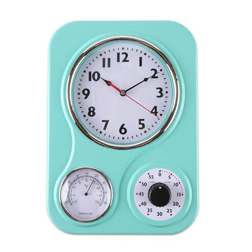 Lily's Home - 9.5 Inch x 12.5 Inch - Retro Kitchen Wall Clock, Vintage Wall Clock with a Thermometer and 60-Minute Timer, Ideal for Any Kitchen, Office, or Diner (Turquoise)