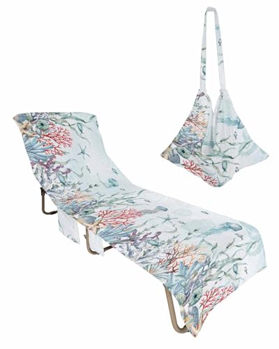 Coastal Jellyfish Beach Chair Towel Covers for Chaise Lounge with Side Pocket, Soft Plush Pool Towels Cover for Patio Sunbathing Outdoor Vintage Coral Seaweed Starfish Blue 29''x85''