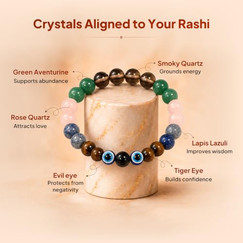 Image of Tula (Libra) Rashi Bracelet | Smoky Quartz, Green Aventurine, Rose Quartz, Lapis Lazuli, Tiger's Eye, Evil Eye | For Balance & Harmony | Stabilizes Decision Making | For Men & Women
