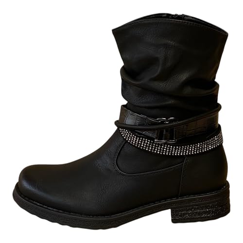 Pogolino Damen Stiefeletten Nieten Biker Boots Glitzer Stiefel leicht gefüttert 1573 Schwarz 38