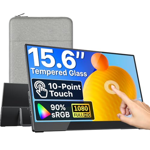 VisionOwl Portable Monitor Touchscreen 15.6 Inch 1080P 10-Point Touch Screen with Tempered Glass HDMI USB-C Monitor for Laptop Mac Surface PC PS5 Xbox Built-in Kickstand & Speakers VESA Mountable