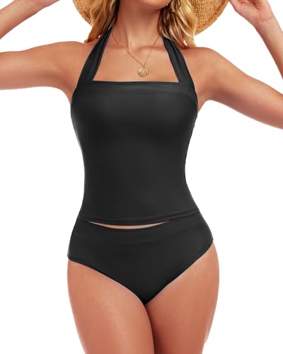 Halter Tankini Swimsuits for Women Tummy Control - Two Piece Bathing Suit Slimming Tankini Sets Bandeau Bikini